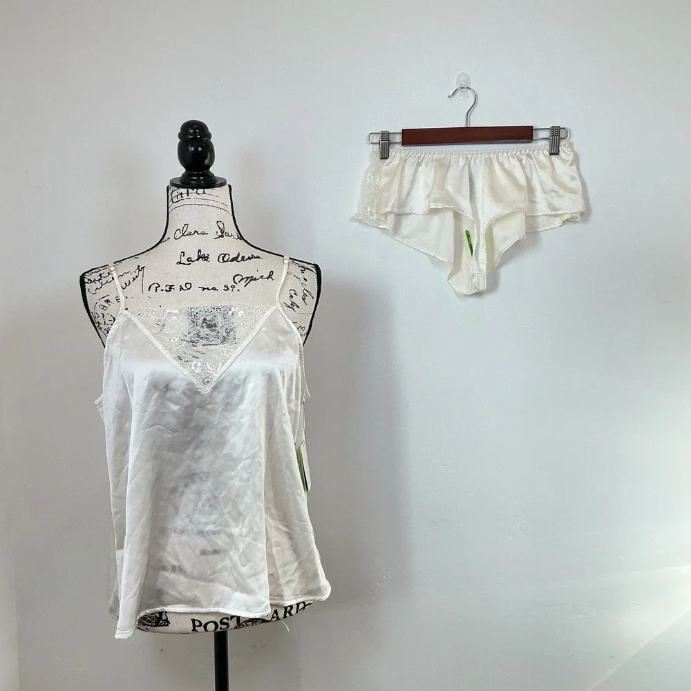 Sam Edelman Ivory Satin Lace Trim‎ Cami Shorts Pajama Set L